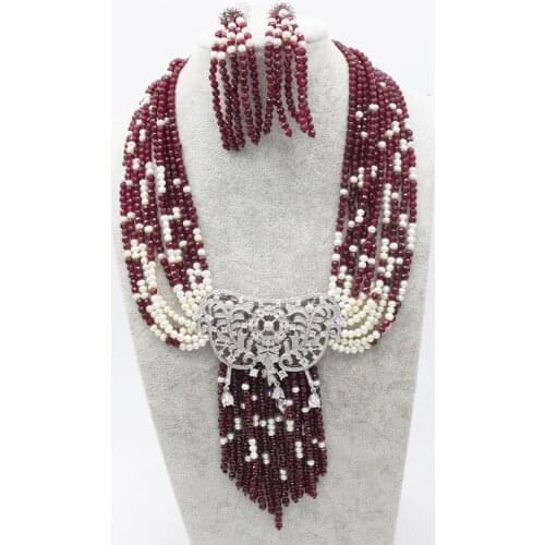 10rows deep red jasper round 4mm &zircon clasp&freshwater pearl white round necklace 18" FPPJ