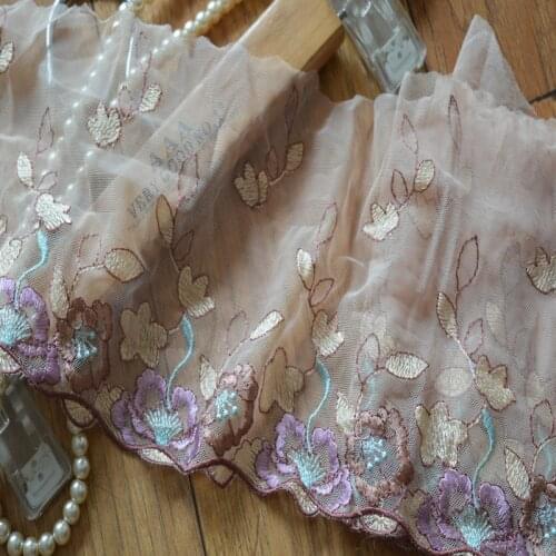 15YDS Tan Mesh Purple Blue Mixed Flower Pattern Embroidered Scalloped Tulle Lace 16cm Width Wedding,Skirt,Garment,Undergarment