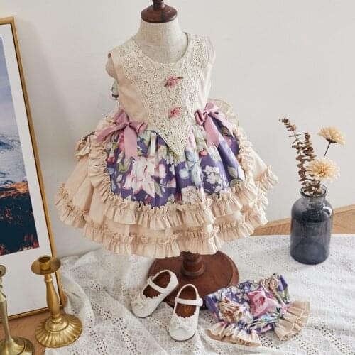 2PCS Summer Lolita Flowers Bow Sleeveless Princess Ball Gown Dress For Bady Girls Birthday Party Vintage Cute Girl Turkey Dress