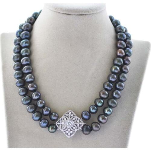 2row 17" 12mm Peacock-Black Round Freshwater Pearl Necklace Bracelet CZ