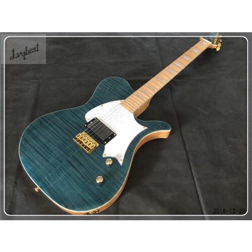 Lvybest Customized electric guitar,dark blue burst flame top and back ,gold parts,maple neck and fingerboard,white pearl inlay