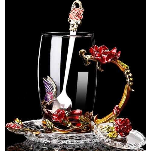 Enamel Carved Flowers Glass Water Cup Heat Resistant Coffee Cup Glass Cup Womens Flower Tea Cup Coffee Mug Creative Gift Cup