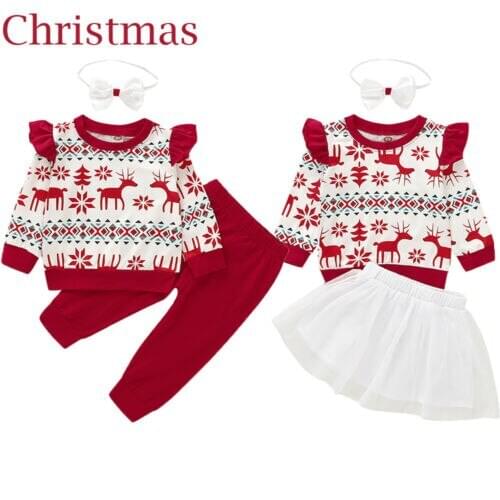 Focusnorm 2 Styles 1-5 Years Toddler Baby Girls Winter Clothes Set Christmas Ruffle Long Sleeve Tops Pants Skirt 3Pcs Outfits