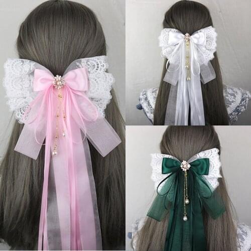 Korean Lolita Headdress Princess Lace Embroidery Pearl Handmade Large Chain Bowknot Long Ribbon Hairpin Spring Clip Top Clip