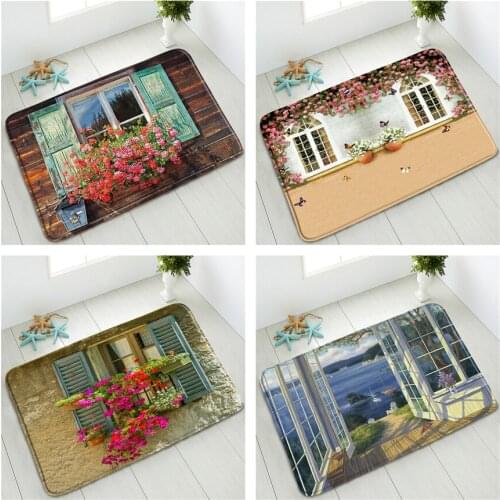 European Style Door Window Scenery Bath Mat Non-Slip Foot Pad Living Room Bedroom Kitchen Doormat Washable Carpet Rug Home Decor