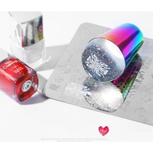 4cm laser Nail Stamper Shining Holographic Head Clear Silicone Rainbow Handle Stamper for Nail Art Stamping Plate Tools