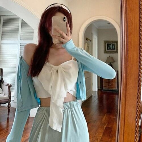 Summer Women Clothes Bow Tie Knitted Crop Top Cool Girls Slim Camisole Lady Sleeveless Corset Sexy Camisole Top hr