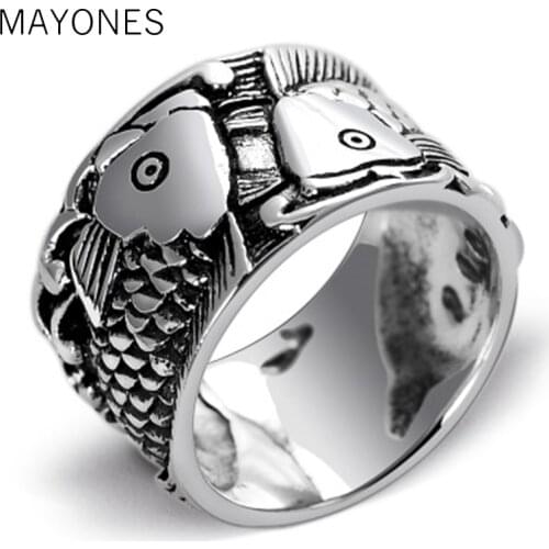 MAYONES Genuine 925 Sterling Silver Jewelry Engraved Double Fish Rings For Women and Men Lovers Couples Gift