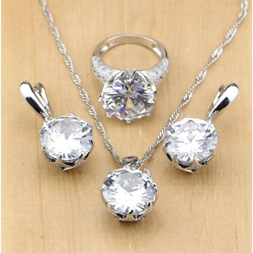 Silver 925 Bridal Jewelry White Zircon Beads Jewelry Sets For Women Wedding Accessories Earrings/Pendant/Necklace/Rings