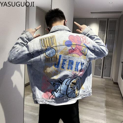 YASUGUOJI New 2021 Hip Pop Men Denim Jackets Japanese Cartoon Printed Loose Graffiti Jacket Frayed Coat Fashion Jean Jacket Men