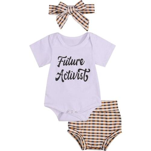 Three Piece Baby Girl’s Clothes Unique Letter Short Sleeve Romper and Plaid Short Pants with Headband