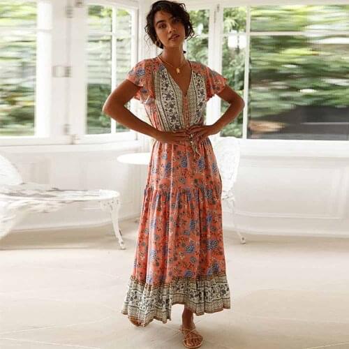 ZA Summer Long Dresses for Women V Neck Sexy Boho Dress Short Petal Sleeve Print Cotton Bohemian Drawstring Boho Dress Vestidos