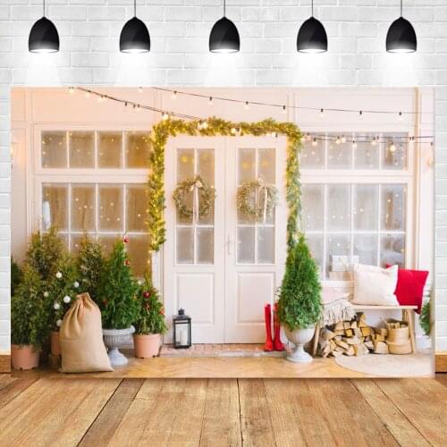 Christmas Interior Background For Photography Pine Trees Wood Wooden Door Green Plants Decor Party Child Shoot Photo Backdrop