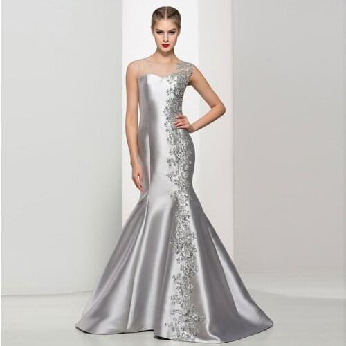 Tanpell Silver Evening Dress Scoop Neck Appliques Beading Sleeveless Zipper Up Mermaid Evening Dress