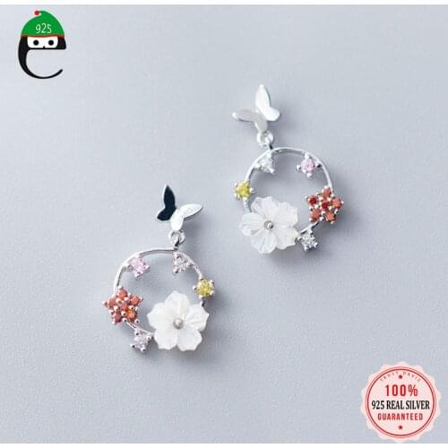 ElfoPlataSi Real 925 Sterling Silver Fashion Sweet Flower Butterfly CZ Charm Stud Earring For Women Wedding Party Jewelry DD771