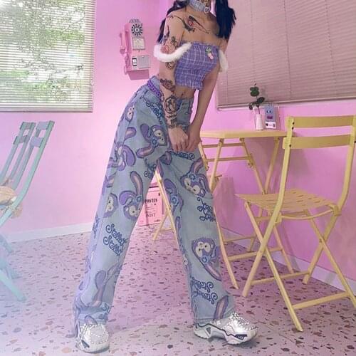 Disney Star Delu Cartoon Loose Womens Jeans Printed Light Color 2021 Spring/Summer High Waist Straight Wide Leg Casual Jeans