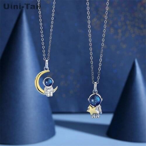 Uini-Tail hot new 925 sterling silver cute star and moon astronaut couple necklace fashion sweet dynamic romantic jewelry JK045
