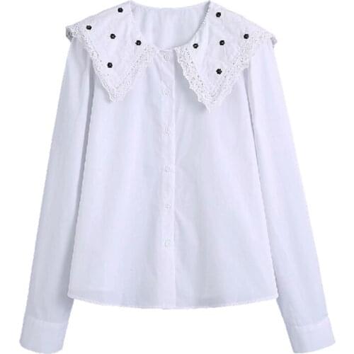 2021 Womens Fashion Girlish Style Solid Color Doll Collar Flowers Embroidery Single Row Buttons Shirt Top Female