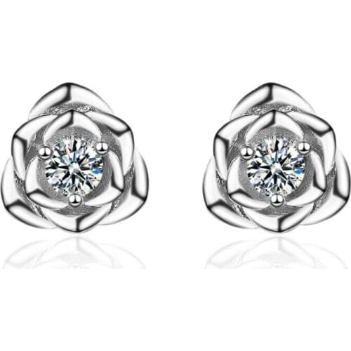 New Zircon Sweet Rose Flower Stud Earrings For Women Trend Creative 925 Sterling Silver Party Gift Jewelry Accessories SAE358