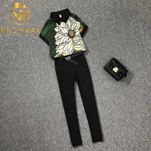 Womens Clothing 2020 summer Flower Printted Short Sleeve Shirt Blouse + Slim Ankle length Pants Suits Two piece Set Outfits