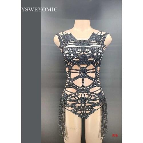 Dance Costume Stage Wear Black Pink Tassel Bodysuit Sleeveless Big Stretch Womens Party Prom Bar Stage Female Singer Outfit