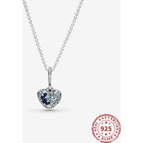 Real 925 sterling silver female Necklaces Sparkling Blue Moon and Stars Heart Necklace & Pendants For Women Vintage Charm 2020