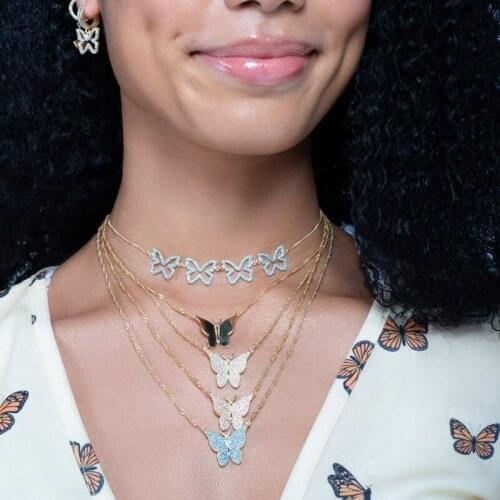 2021 Mothers Day high quality Bling White Pink Blue CZ mini Cute Butterfly Animal charm pendent Necklace jewelry for women gift