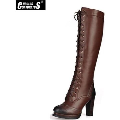 Cuculus 2021 winter fashion lace-up real genuine leather boots black brown high heel thick heels womens knee high boots 1481