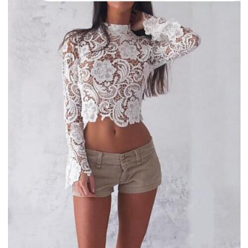Elegant white lace blouse shirt women long sleeve sexy hollow out embroidery patchwork blouses Spring autumn tops female