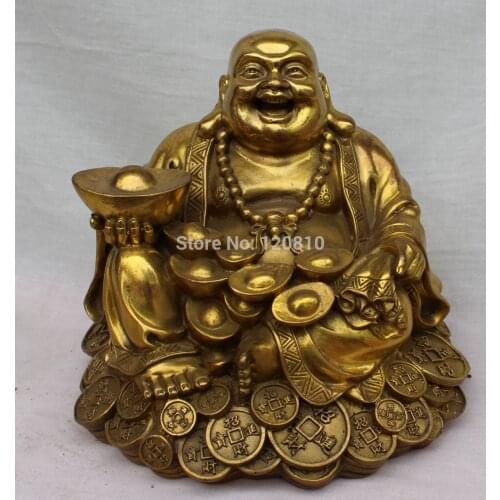 Chinese Bronze Wealth YuanBao Money Happy Laugh Maitreya Buddha Bead Statue