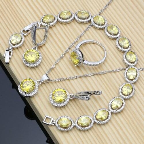 New Fashion 925 Sterling Silver Jewelry Sets Round Yellow CZ for Women Wedding Earrings Rings Necklace Set Jewelry Dropshipping