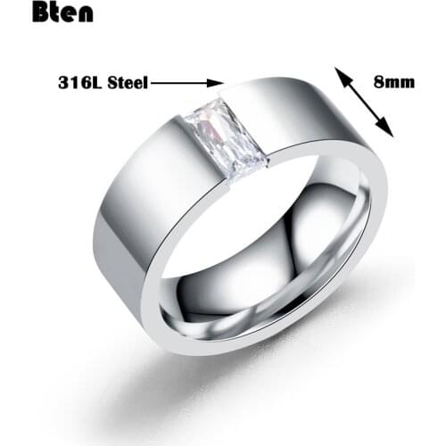 Bten Trendy Stainless Steel Silver Color CZ Zircon Rings For Women Wedding Rings Men Jewelry Width 8mm