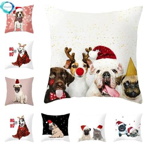 Cute Pet Dog Cat with Christmas Hat Printed Cushion Cover Sofa Home Decorative Pillow Cover Square Polyester Pillowcase 45x45cm
