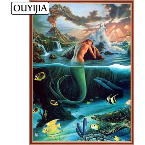 OUYIJIA Siren Mermaid 5D DIY Diamond Painting Full Square Rhinestone Cross Stitch Animal Embroidery Mosaic Home Decoration F