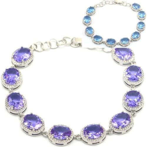 8x6mm Deluxe Created London Blue Topaz Violet Tanzanite Gift For Womans Wedding Silver Bracelet Bangle 7.5inch