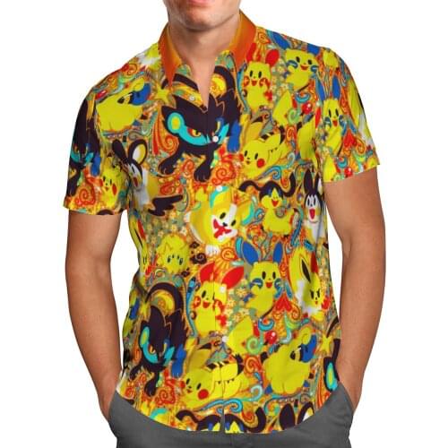 Yellow Anime Print Short Sleeve Shirts For Men Loose Cardigan Button Shirt Plus Size Hawaiian Style Summer 2021 Ventilated Shirt