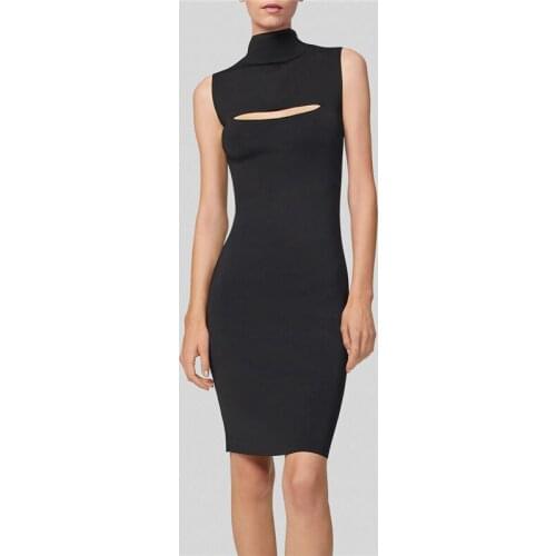 Turtleneck Bandage Dress New Fashion Hollow Out Sexy Party Dresses Black Sleeveless Knitted Knee-Length Vestidos Women