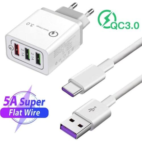 18W Fast USB Wall Adapter & 5A Type C Charger Cable For Huawei P30 Samsung A51 A21s Honor 20S 10 Xiaomi POCO X3 M3 Redmi 9 Phone