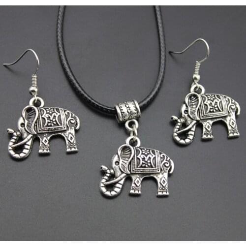 Vintage Elephant Shape Stainless Steel Pendant Jewelry Sets Earrings And Leather Necklace 12 Sets/Lot