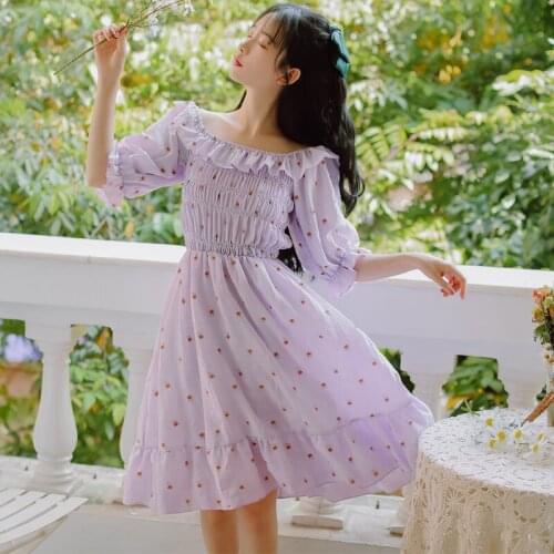 Japanese Sweet Girl Kawaii Dress Women 2021 Summer French Ruffled Neckline Temperament Print Dress Ladies Gentle Purple Vestido
