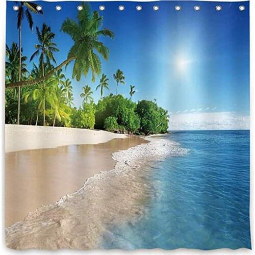 Shower Curtains Mould Proof Resistant Washable Beach Scene 180 x 180 cm 3D Digital Landscape Printed Waterproof Bathroom Bath Cu