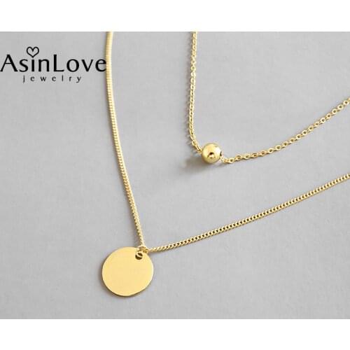 AsinLove 100% 925 Sterling Silver Bead Pendant Round Medal Double Layer Collarbone Necklace 18K Gold Fine Jewelry for Women Gift