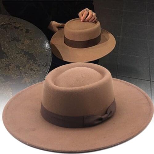 Autumn Winter Women Panama Felt Hat Fedoras Wide Brim Bow Hats for Female British Style Vintage Church Hats Lady Flat Brim Cap