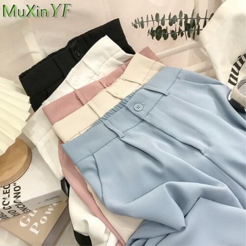 Womens Suit Pants 2021 Spring Summer Korean Elastic High Waist Office Lady Solid Blue Trousers Graceful Leisure Straight Pant