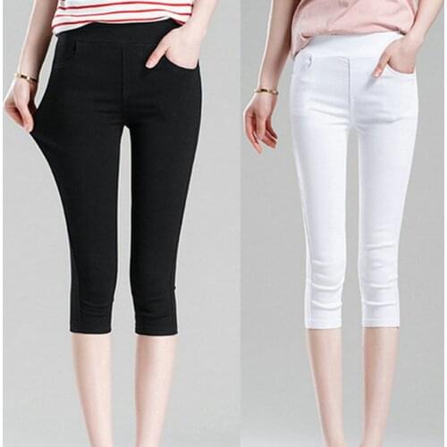 2020 Womens Summer Black Leggings Pants Slim Thin Stretch Trousers White Casual Capris Pencil Pants Plus Size 4XL 5XL 6XL