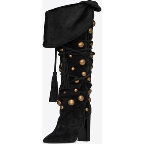 Shoes Autumn For Women Square Heels Golden Rivets Studded Ladies Knee High Boots Sexy Pointed Toe Fringed Lace Up Long Boots