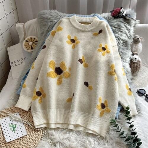 Sweet Style Knitted Women Sweater Pullovers Winter New 2021 O-Neck Long-Sleeved Flower Female Pulls Outwear Tops