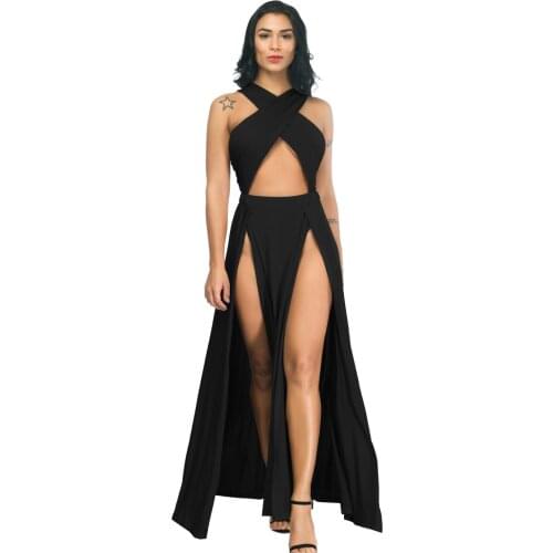 Sexy Cross Strap Off Shoulder Solid Color Split Black Long Dress 2020 Summer Women Asymmetrical Party Club Dress Plus Size M-3XL