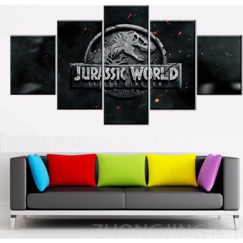 5 Panel Modern Canvas Frame Artwork Printed Movies Jurassic World Fallen Kingdom Logo Poster Wall Picture Home Interior decor pa
