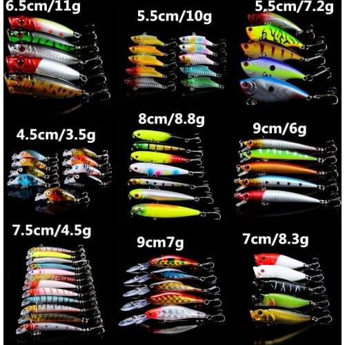 63pcs/set Mixed Minnow/Crank/Popper/VIB and Pencil Lure Models Fishing Lures 63 Colors Quality Good Bass Wobblers Fish bait